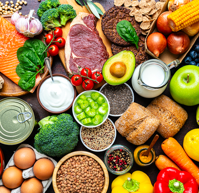 Assorted healthy foods on a wooden table